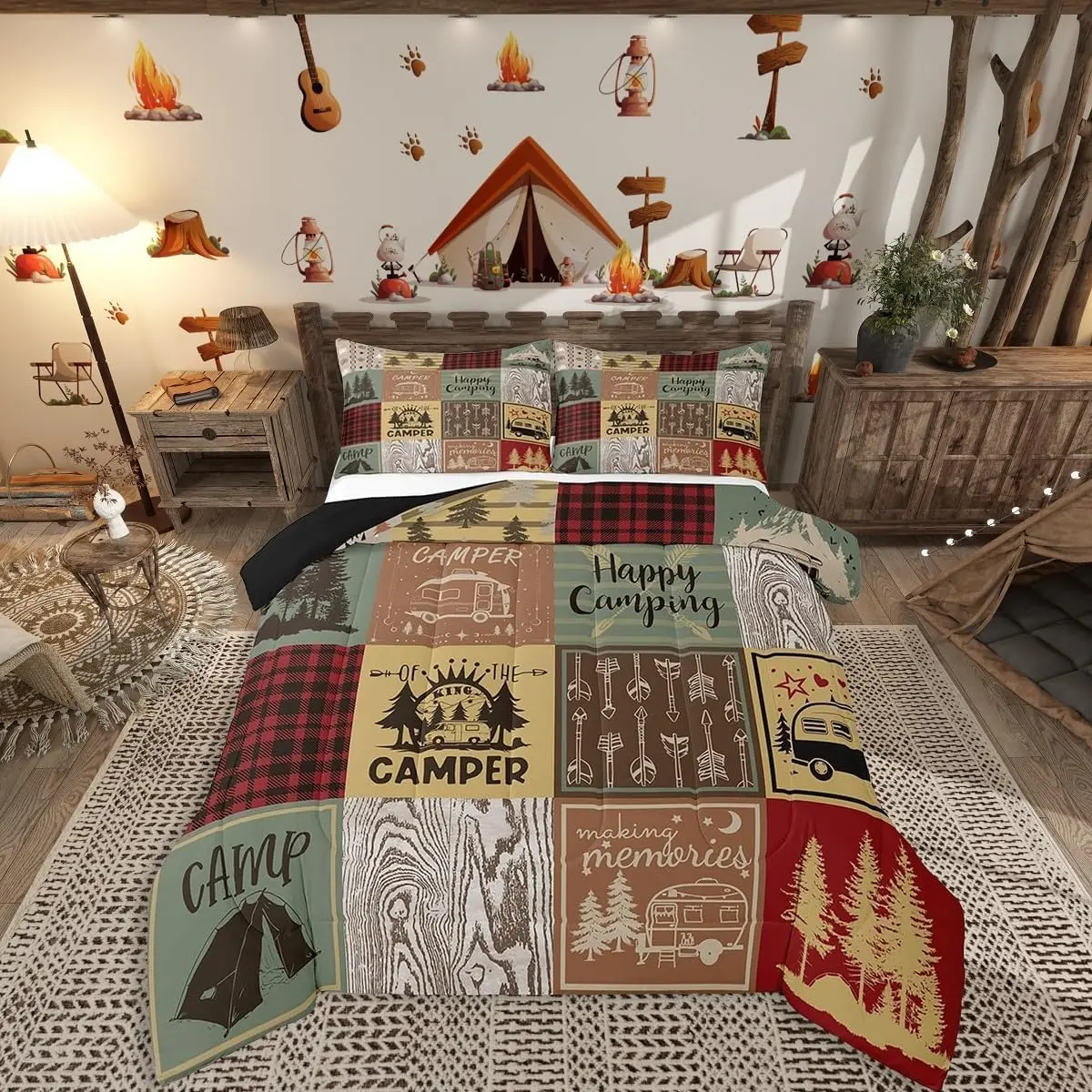 Retro Camper Quilt Set,Happy Camping Bedding Set,Rv Camping Accessories Comforter Set for Travel Trailers Campers