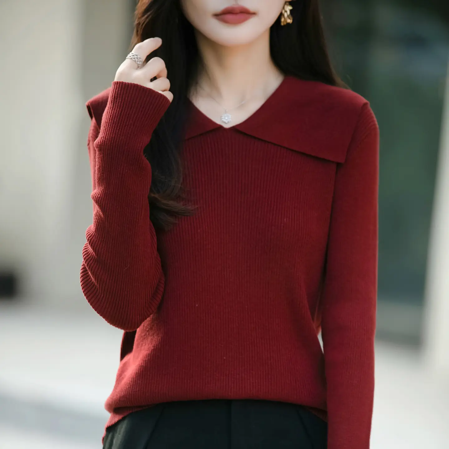 Fashioned Reversible Collar Sweater for Women Autumn New Collection Long Sleeve Slim Fit Plaid Knit Sweater Woolen Shawl J-802