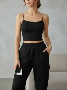 Women's Spring Summer Knitted Design Plain Crop Top & Long Pants Set, Casual Slim-Fitting Sweatsuit for Daily Commute