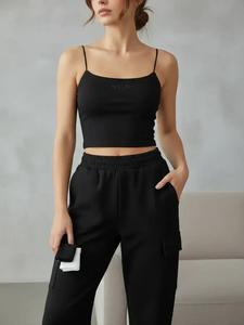 women's solid color crop cami top & elastic waist sweatpants set, minimalist casual basic sleeveless spaghetti strap crop top & flap pocket jogger pants, ladies summer clothing, matching set, casual outfits women, lounge sets, womenswear