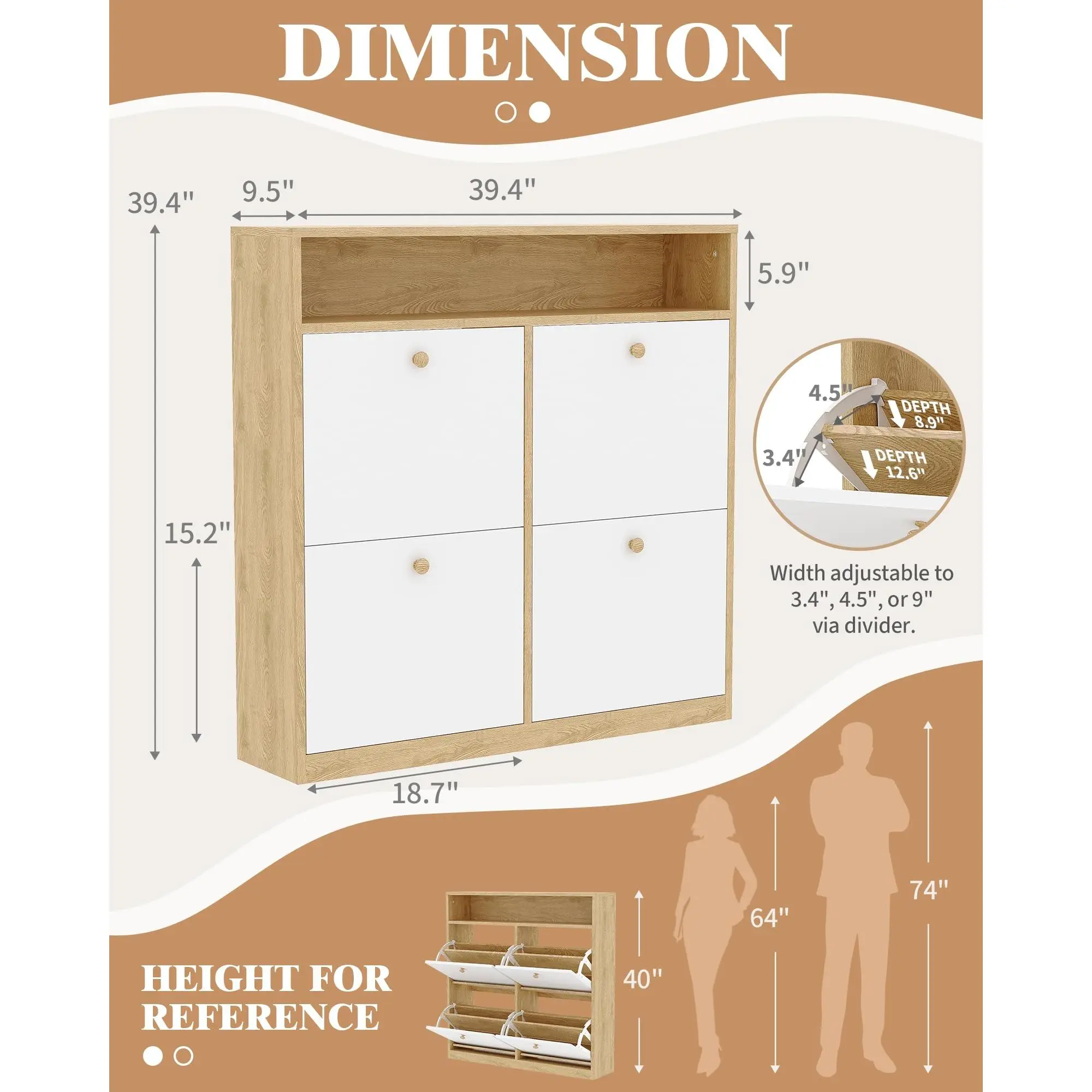 Space-Saving Narrow Shoe Storage Cabinet – 4 Turn Drawers & Open Shelf – Freestanding Wooden Shoe Organizer for Entryway, Hallway, Bedroom – Fits Sneakers, Slippers, Heels, Boots – Wood Color, Contemporary
