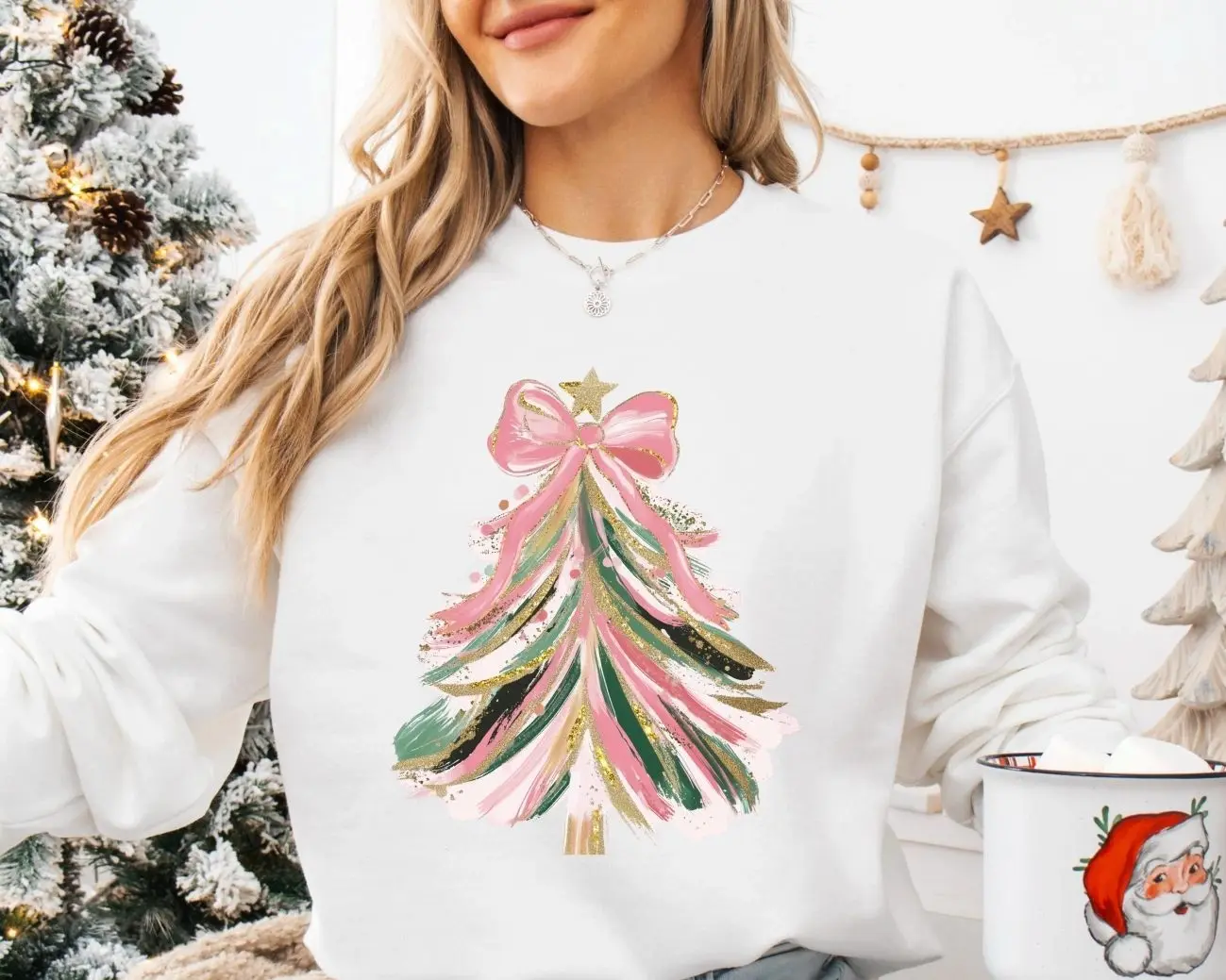 Coquette Christmas Tree Sweatshirt, Faux Glitter Brushstroke Christmas Tree Crewneck, Colorful Christmas Tree Sweater, Cute Aesthetic Coquette Bow Holiday Season Jumper, Trendy Xmas Party Graphic Pullover, Cute Xmas Gift for Women & Girls
