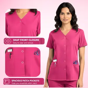 HEEDFIT Women’s Scrub Top Snap Front | V-Neck Medical Uniform Shirt | 3 Pocket Nurse Top | Short Sleeve Workwear