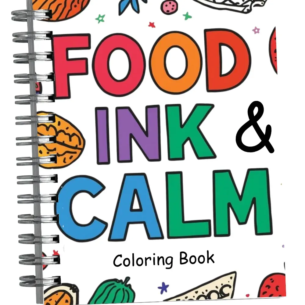 VSJ Food Ink & Calm Adult Coloring Book. Bold and Easy Prints to Color. Relaxing Card Stock Spiral Bound.