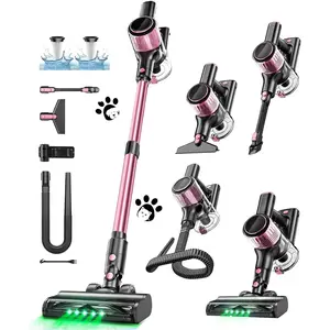 Cordless Vacuum Cleaner, 10 in 1 Stick Vacuum with  Suction, Hose, Green LED Light, Anti-Tangle Brush, Lightweight Rechargeable Vacuum Cleaner for Home, Hardwood Floors, Carpets, ,Pink