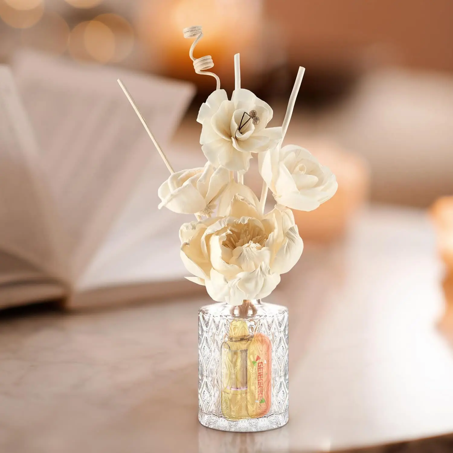 GEEEEEbar Flower Reed Diffuser Set for Bathroom Air Fresheners, Oil Defusers | Fresh Linen/Ocean/Eucalyptus & Mint Scent Home Fragrance Shelf Decor