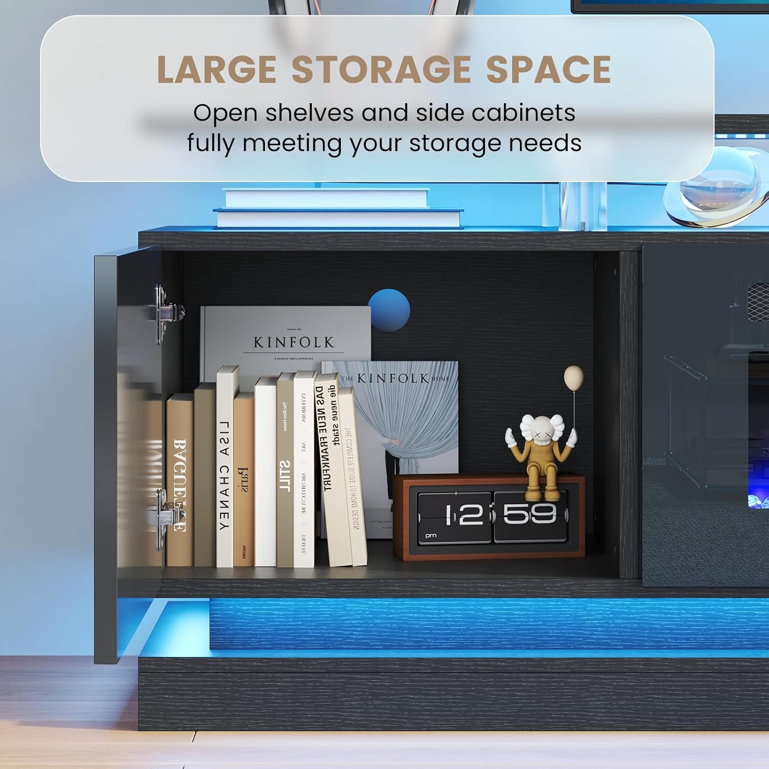 70' Modern Fireplace TV Stand, Black Media Console with Storage for TVs Up to 80', Living Room Entertainment Center