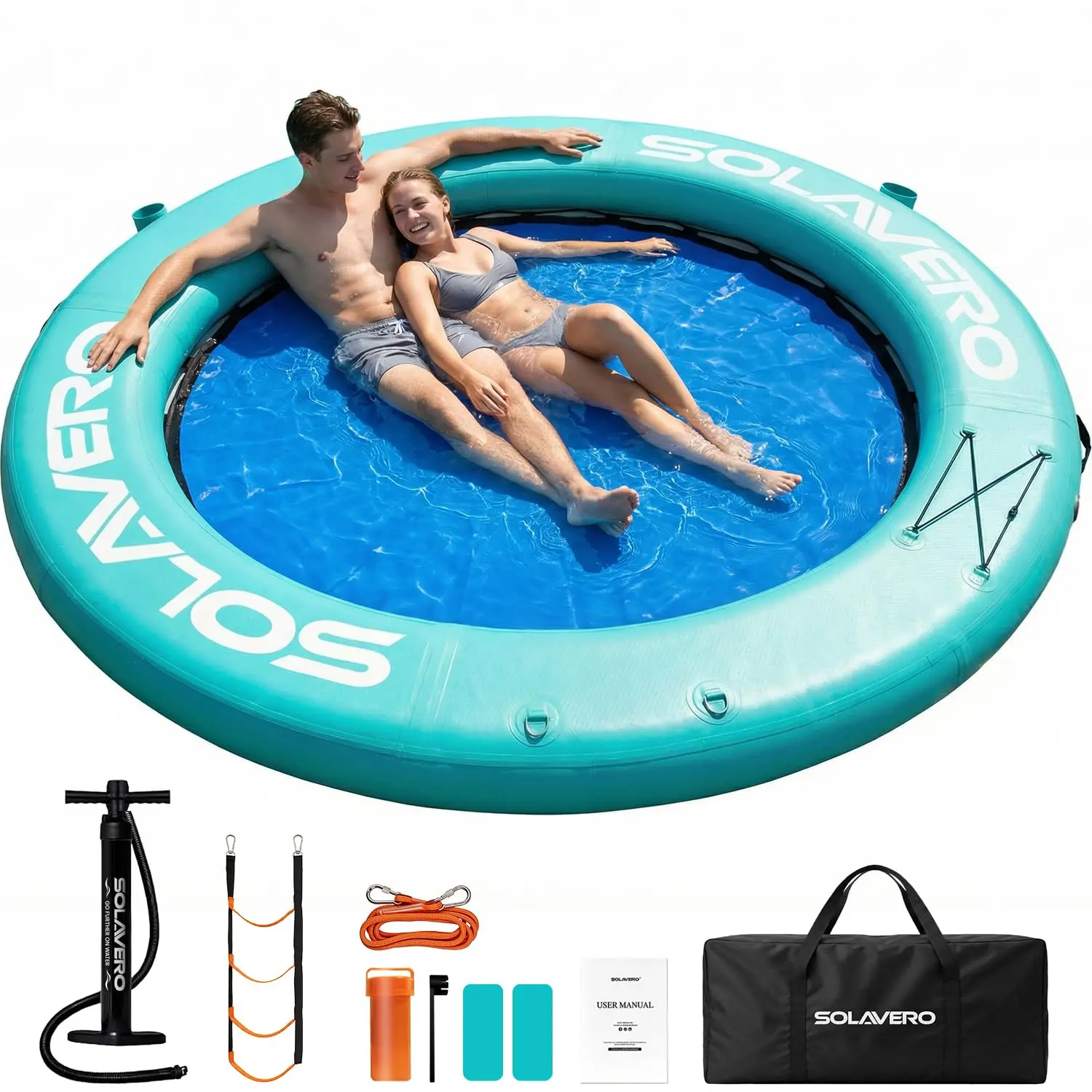 8FT Round Floating Ring Inflatable Water Hammock, Hammock Tanning Pool with Cupholder, Heavy Duty Pool Float Raft for Ocean and Lake, Inflatable Dock Floating Platform for Parties summerwins