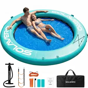 8FT Round Floating Ring Inflatable Water Hammock, Hammock Tanning Pool with Cupholder, Heavy Duty Pool Float Raft for Ocean and Lake, Inflatable Dock Floating Platform for Parties