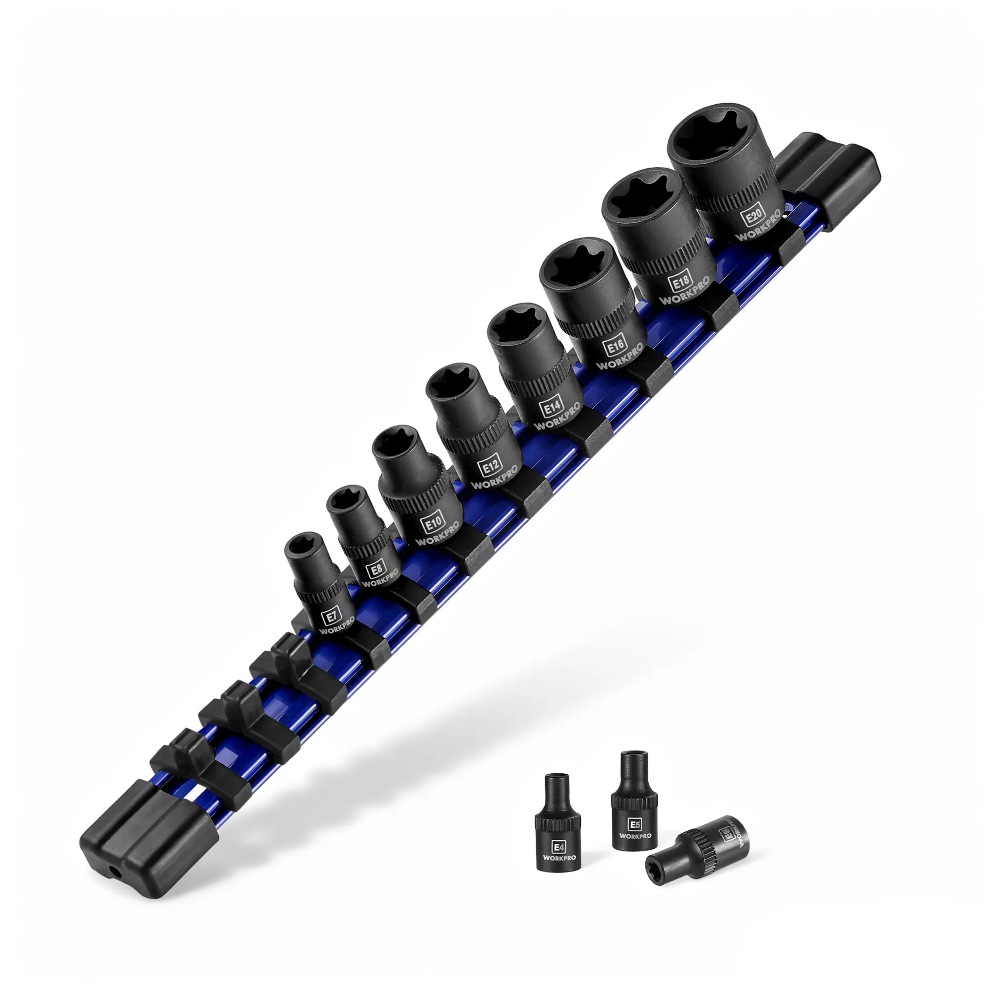WORKPRO 11Packs E-Torx Socket Set, 1/4" 3/8" Drive Star Socket Set, CR-V Steel External Torx Socket Set (E4-E20 Socket) with PVC Socket Organizer, Ideal for Motorcycle, Automotive, and Mechanical Repair