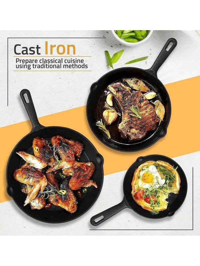 3Pcs Cast Iron Pan Pre-Seasoned Iron Skillet Set Heavy Duty Skillet Set With Pouring Lip For Grilling Searing Frying Baking 6 Inch 8 Inch And 10 Inch Black