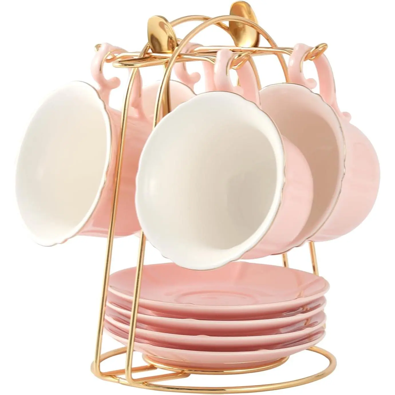 Tea Cups and Saucers Set of 4 (8 OZ), Candy Pink Tea Cup Set with Golden Trim, Petal Edge Coffee Cups with Metal Stand, Simple Style Porcelain Tea Party Set - Pink