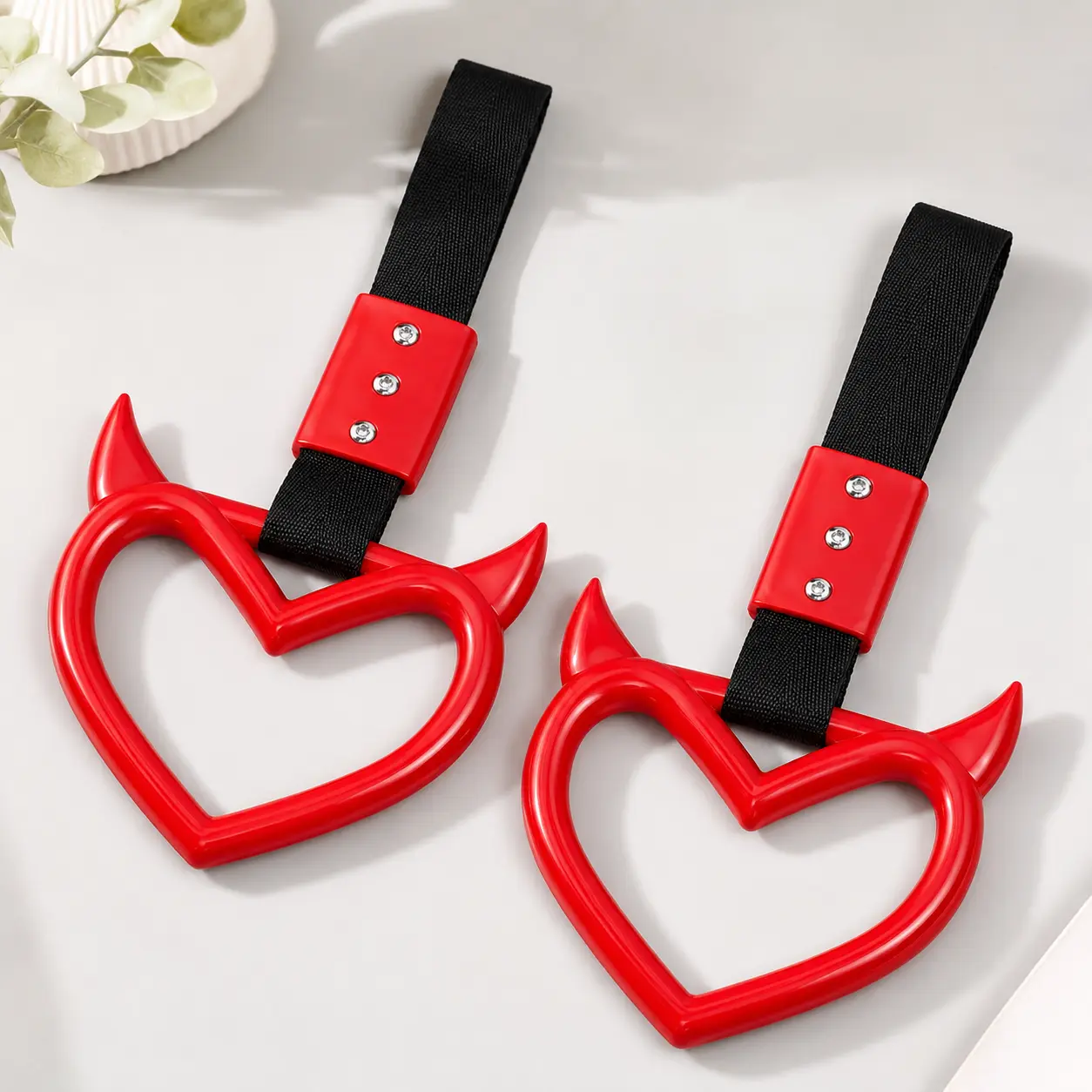 2 PCS JDM Heart Handle Strap Devil Style Car Bumper Charm Interior Grab Handle Red