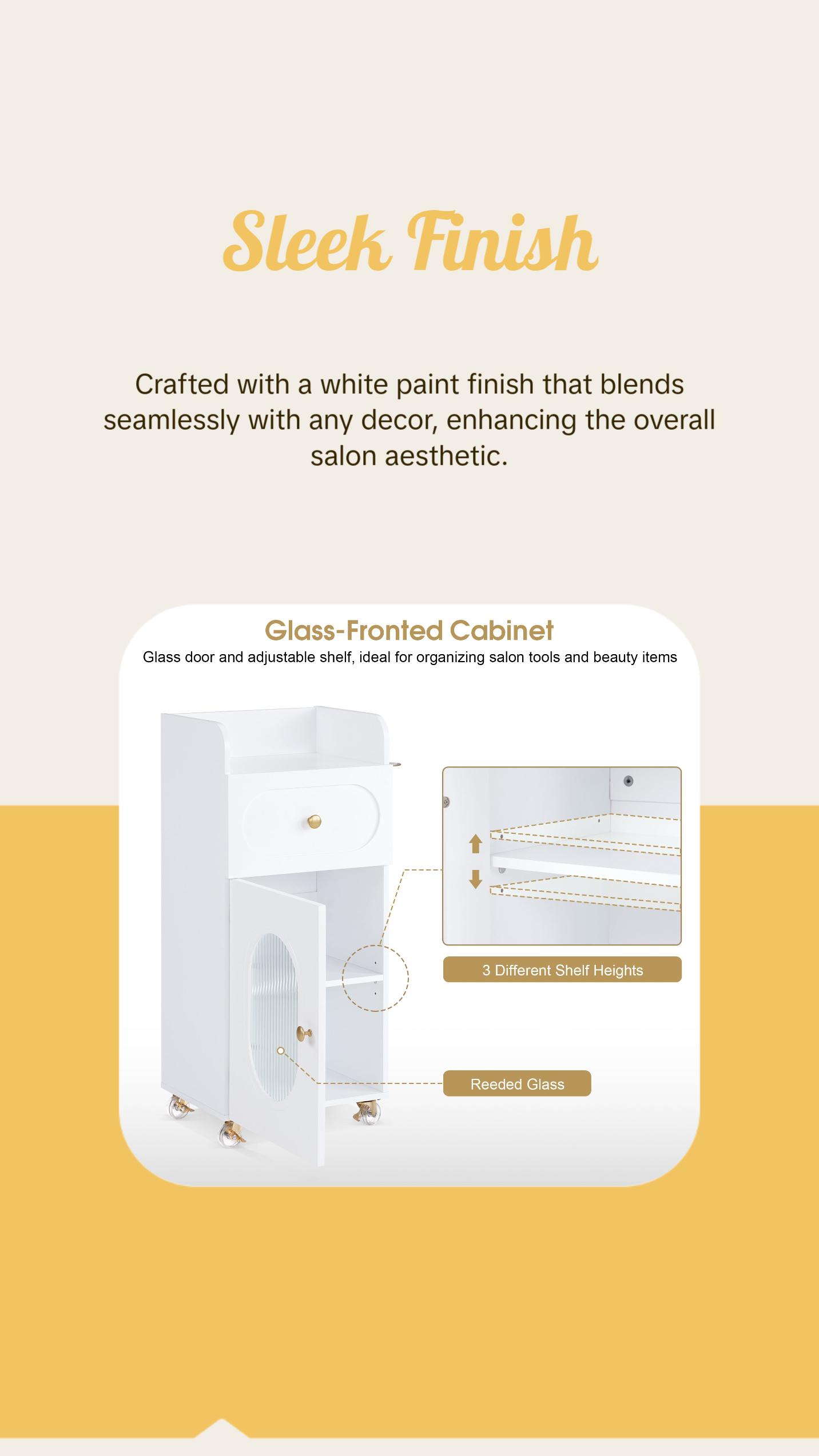 BarberPub Salon Rolling Trolley Cart with Oval Window, Barber Styling Cart with White Paint Finish 2498