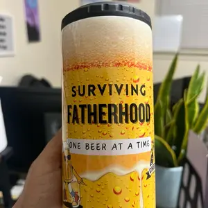 Fatherhood Beer Can Designed Cup- a  Classic 4-in-1 Can Cooler  tumblers with 2 lid and straw, Double Wall Stainless Steel for Insulated Can Holder,Works With All Standard Cans,Beer Bottles & As Pint Cups Stylish Couples Drinkware Water Bottles Portable