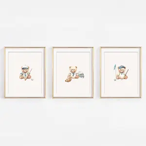Little Sportsman Varsity Teddy Watercolor Nursery Wall Art Print Set -3 Unframed 8x10