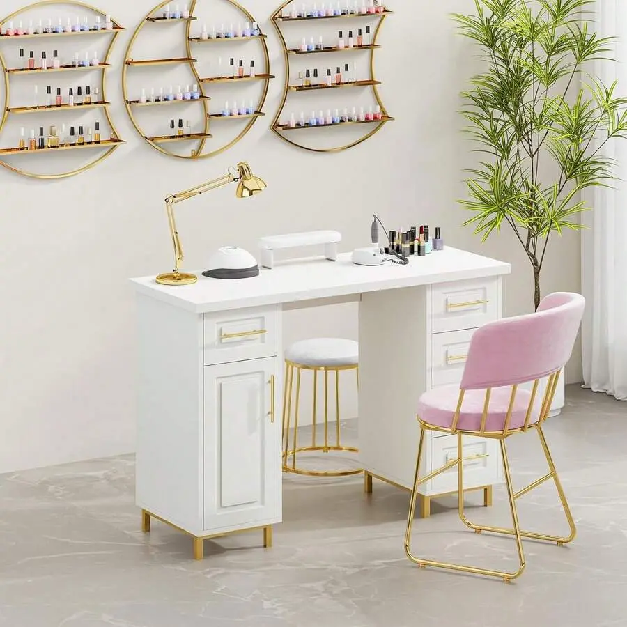 43 Inch Wooden Nail Tech Manicure Table, Professional Nail Station with 5 Drawers & Large Storage Cabinet, Salon Nail Workstation.