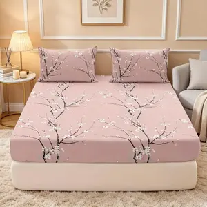 New Oriental Plum Bed Sheet Set, Full Coverage Anti-Slip Zen Style, High Density Soft Fabric, Washable, 6 Colors Available