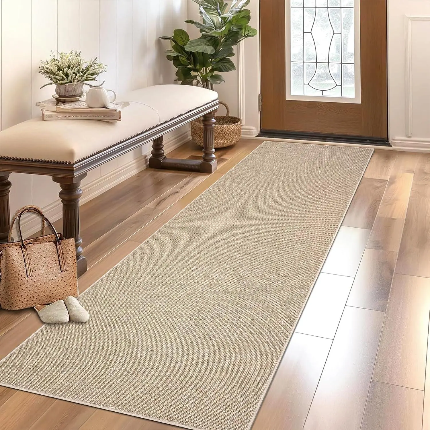 GARVEE Washable Runner Rug 2x6 Woven Textured Hallway Runner Rug Modern Minimalist Solid Color Non Slip Runners Low Pile Non-Shedding Thin Foldable Mat for Entryway Kitchen Bathroom Bedside Tan, Beige  2*6ft(61*183cm)