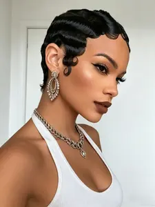 Women's Short Human Hair Wig Ocean Finger Wave Pixie Cut Wig Perfect Mother's Day Gift