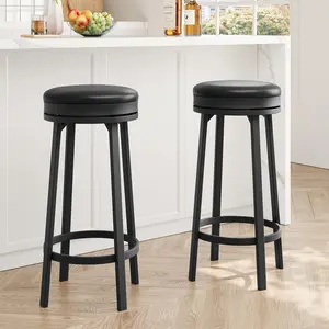 Modern Swivel Bar Stools Set of 2 – 30" Counter Height, Backless Round PU Leather Seat, Metal Frame with Footrest, Stylish Bar Chairs for Kitchen, Dining, Home Bar – Black, 2PCs