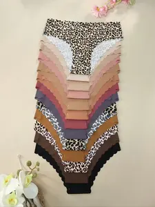 13-Pack Seamless Ice Silk Women's Thongs, High Stretch Breathable Wave Edge, Leopard Print Mixed Colors, No Panty Lines