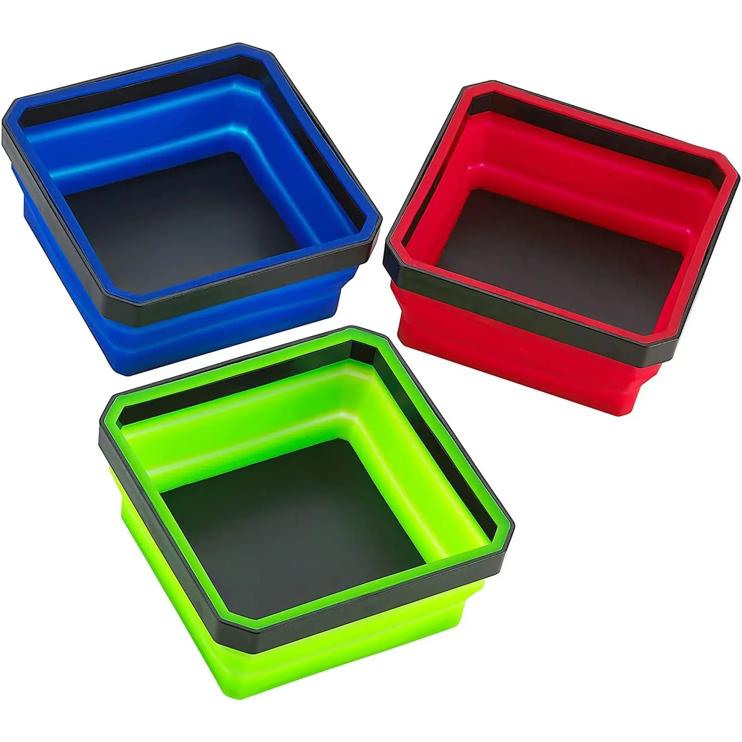 Collapsible  Parts Tray Set - (Pack of 3) Tool Trays for Screw, , Nuts, Washers, Pins and Other Small Metal Parts - 4.25 Inch Square - Red, Blue, and Green