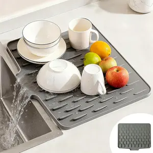 Countertop Slope Draining Mat, 12.6in*10in Grey Silicone No-Spill & Non-Slip Sink Drainer Mat, Heat Resistant Draining Board, Tableware Mat Coasters for Kitchen Counter Sink