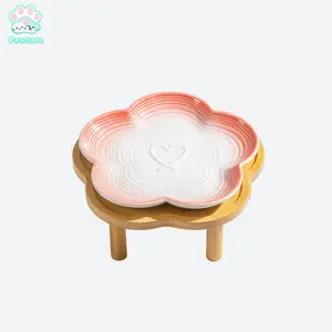 Raised Ceramic Wide Whisker Friendly Cat Dish, Shallow Elevated Cat Bowl with Bamboo Stand, Pet Water or Food Plate Feeding Station for Indoor Cats, Stress Free