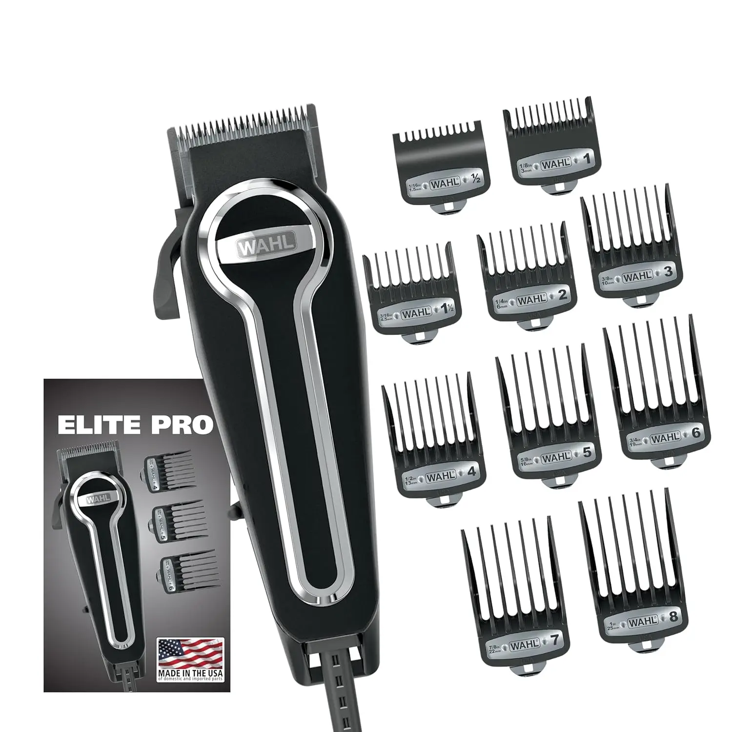 Wahl USA Elite Pro High-Performance Corded Electric Hair Clipper Kit for Men - Stainless Steel Durable Haircut & Grooming Tool, Model 3029684 with Attachments, Plastic