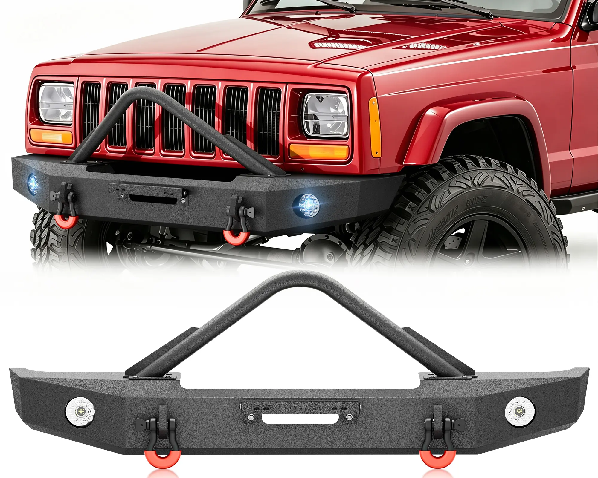 【Yzona】Carbon Steel Front Bumper, Off Road Accessory for 1984-2001 Jeep Cherokee XJ & 84-01 Comanche MJ, Custom Fit with Winch Plate, 2 18W Offroad LED Spotlights, D-Rings, Black