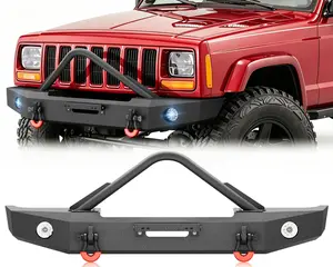 【Yzona】Front Bumpers Compatible with 1984-2001 Jeep Cherokee XJ 84-01 Comanche MJ with Winch Plate LED Lights D-rings Steel Black