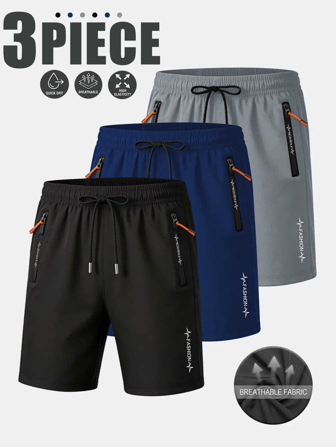 Men’s plus-size shorts, set of 3, featuring zippers and letter print designs; casual, fashionable athletic shorts suitable for leisure outings and outdoor sports.