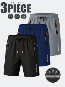 Men’s plus-size shorts, set of 3, featuring zippers and letter print designs; casual, fashionable athletic shorts suitable for leisure outings and outdoor sports.
