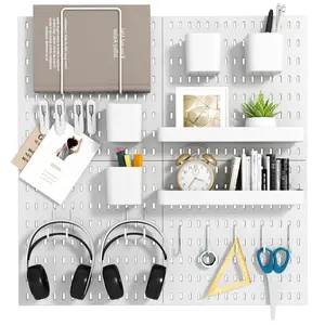 Peg Board Combination Kit, 4 Pegboards with 20 Accessories, Pegboard Wall Organizer for Office, Nursery & Home Storage, Key Holder, 25.6"x25.6" – Nail-Free Installation(White)