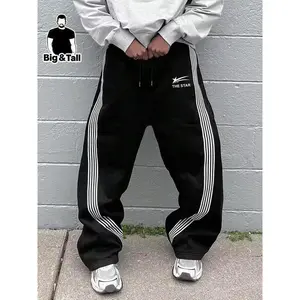 [Plus Size] Letter & Side Stripe Drawstring Waist Sweatpants, Casual Pocket Jogger Pants for Men, Men's Trousers for Fall & Winter, Casual Street Sweatpants(gift)