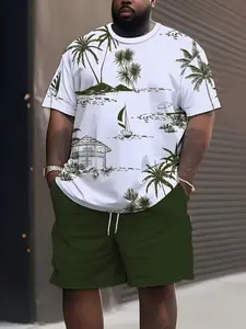 Men's Summer Hawaiian Beach Print Two-Piece Set, Casual Outdoor Sports with Drawstring, Plus Size Loose Fit Short Sleeve Top and Shorts