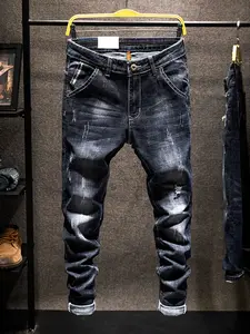 Men's Skinny Jeans, Distressed Ripped Denim with Pocket, All-Season Style, Streetwear Fashion, Trendy Stylish Men's Jeans, Elastic Stretchable Fabric, Comfortable Fit, Menswear