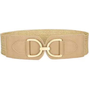 Straw Woven Elastic Belt for Women Dress, Stretchy Boho Rattan Braided Belt Wide Raffia  Belts