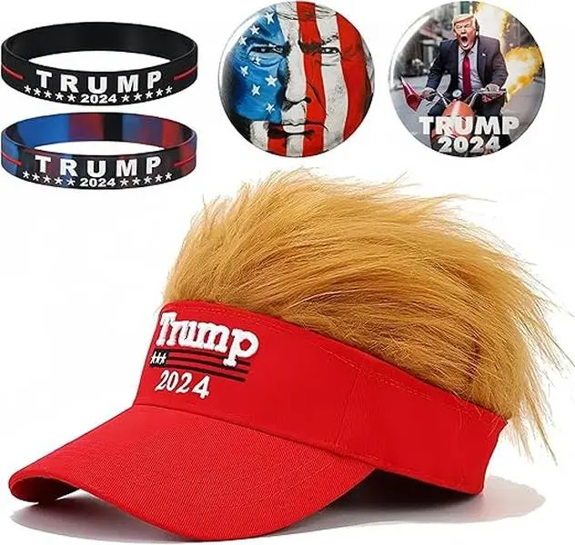 Trump 2024 Hat with Hair + Trump Bracelet(2 Pack) + Trump 2024 Buttons/Pins(2 Pack,2.28 inch), Donald Trump Merchandise Make America Great Again Wig Hat Embroidered Ultra Adjustable MAGA Baseball Cap