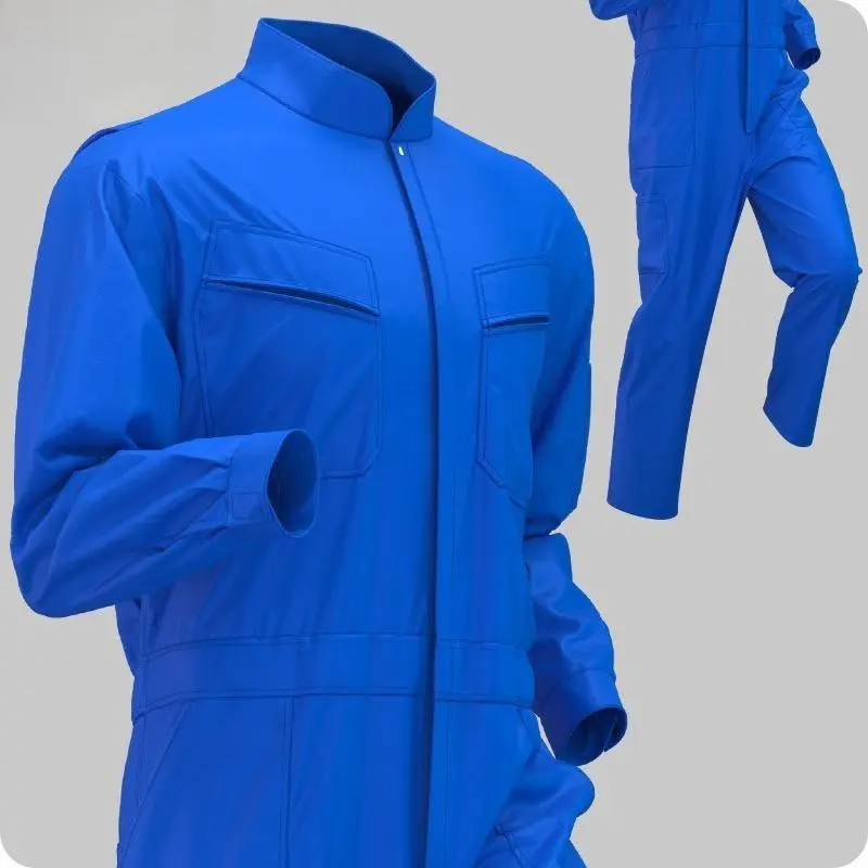 Solid Color Stand Collar Jumpsuit with Multiple Pockets for Mechanics & Factory Workers Men's Coverall Work Uniform