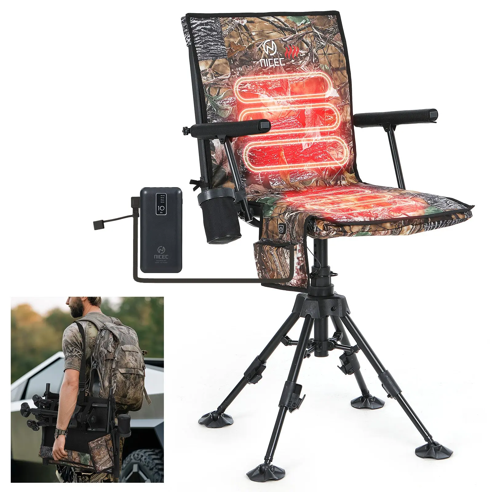 Heated Hunting Blind Chair, C-Series Silent 360° Swivel with Adjustable Height, 17.5 lbs Lightweight Metal Frame, Built-in Storage, Cup Holder, Foldable & Portable Outdoor Seat, Swiveling, Outdoor Hunt, Tripod Legs, Heavy-Duty & Stable, Hunt Gear Accessor