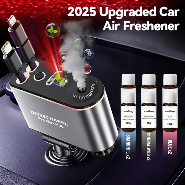 Smart Portable Car Air Freshener with Starlight Diffuser ,Intelligent Sensing & Atmosphere Lighting - Retractable Car Charger & Aromatherapy Diffuser