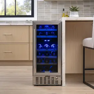 Antarctic Star 15" Dual Zone Wine Fridge – 28 Bottle Built-in or Freestanding Wine Cooler with Stainless Steel Door & Blue LED Light