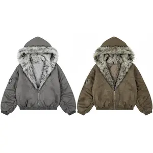 Short Cotton Jacket — Loose Fit Hooded Cotton Coat for Unisex, Quilted Cotton with a Furry Collar, Brown Faux Suede Style, Warm and Suitable for Winter Outfits Casual