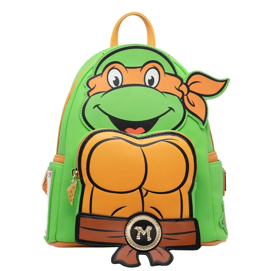 Nickelodeon TMNT Cosplay Mini Backpack, Michelangelo Graphic Faux Leather Character Design with Pizza Enamel Zipper Pull