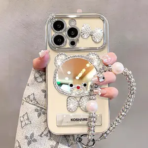 Customized Silicone Smartphone Case - Cute Animal Design Protective Accessory for iPhone 17,16,15,14 Pro with Mirror, Chain, Electroplated Large Window, Bowknot, Stand for Outdoor Use Full Protection