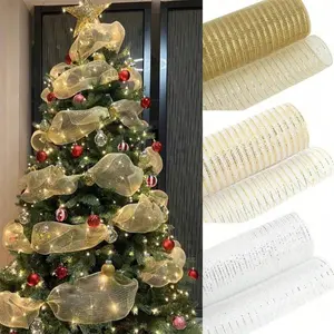 Gold Metallic Mesh Ribbon,10 inch x 30 feet(10Yard), Gold with Gold Wide Foil, Christmas Ribbon for Wreath Swags and Christmas Tree Decoration