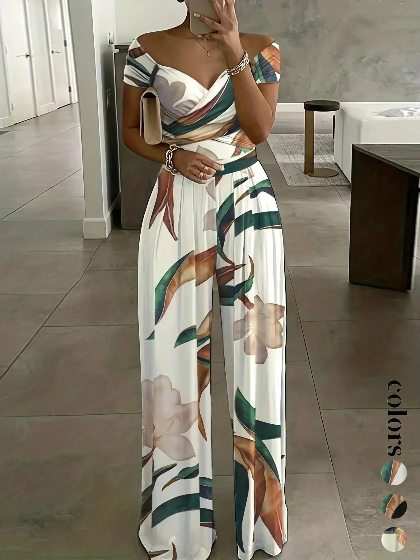 Women's Floral Print Wrap Wide Leg Jumpsuit, Summer Outfits 2024, Boho Off The Shoulder Jumpsuit, Ladies Summer Clothes for Beach Holiday Vacation