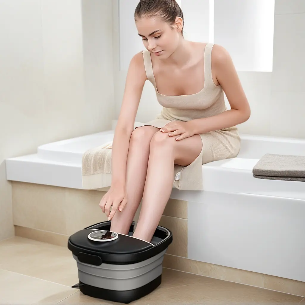 Collapsible Foot Spa Tub And Massager With Heater And Bubbles, Vibration And Red Light, Foot Bath With Six Massage Rollers, Foot Soak With Pumice Stones